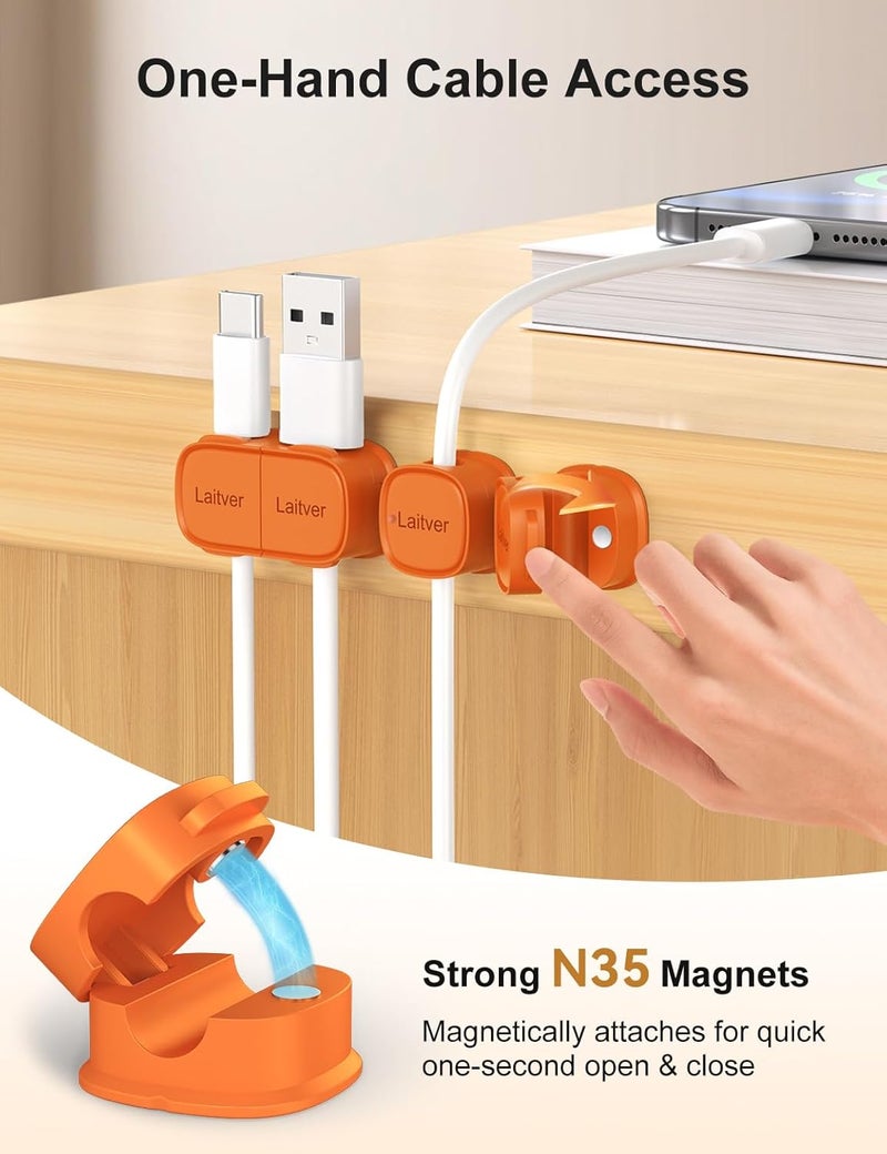 Laitver 6 Pack Magnetic Cable Clips [1s Open/Lock], Cord Organizer Holder Strong Adhesive Desk Cable Management- Organize Charging Cords Neatly for Home, Office, Car,Desk, Nightstand-Orange - Image 4